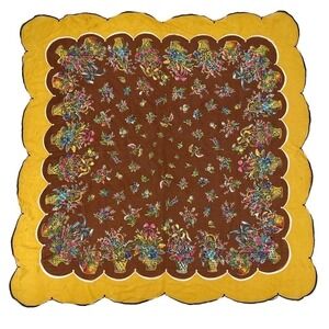 vintage scalloped Carol Stanley Floral Designer Scarf Silk Yellow Brown One Size
